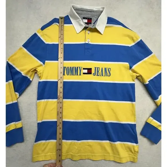 Tommy Jeans Mens Small Blue Yellow Striped Rugby Polo Long Sleeve Shirt 100% Cot - Picture 3 of 6